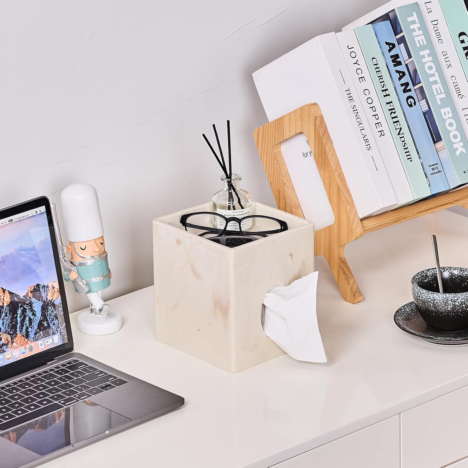 Beige Natural Marble Stone Textures Square Tissue Box Cover with Storage Tray, 2-in-1 Tissue Holder Decorative Organizer for Bathroom, Vanity, Kitchen Countertop, Bedroom Night Stands, Office Desk Top