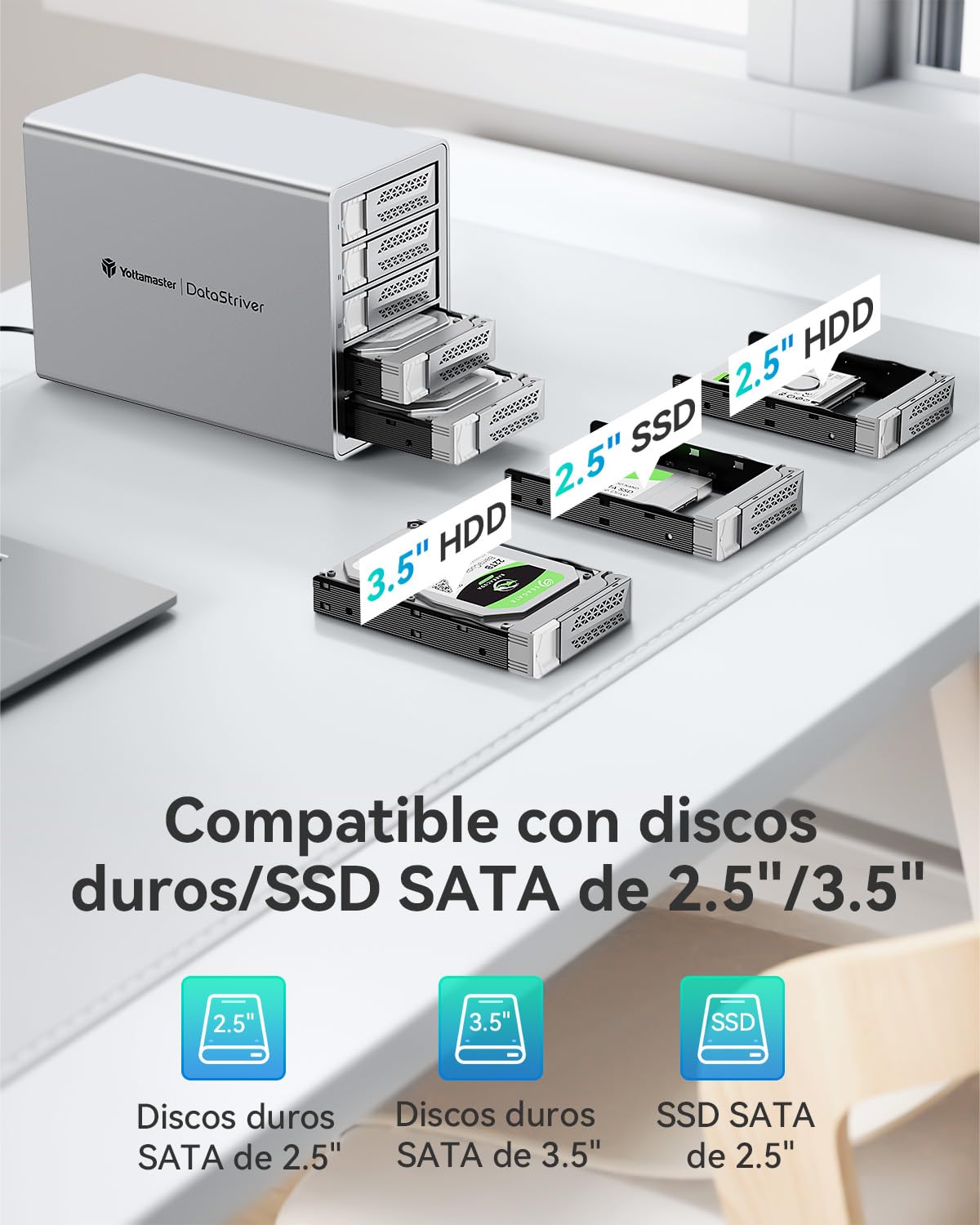 Yottamaster Caja 5 Bahías para Disco Duro, 10Gbps Daisy-Chain 5 Bay Das, Carcasa USB C Das de Aluminio Soporta 110TB (5x22TB) Máximo hasta 330TB para 2.5"/3.5" SATA HDD/SSD (Sin Disco)