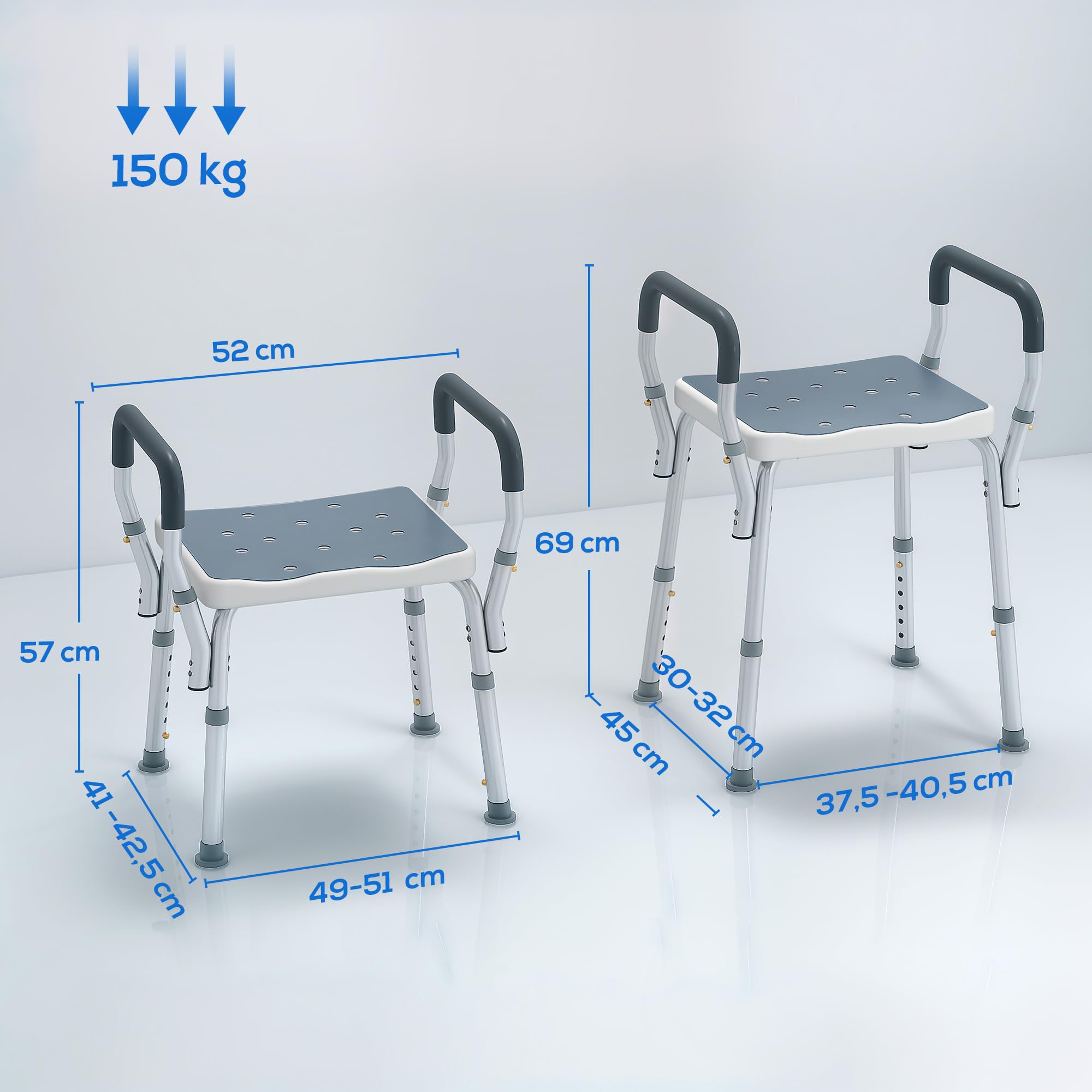 HOMCOM Taburete de Ducha Silla Ducha Personas Mayores con Altura Regulable Silla para Ducha de Aluminio Antideslizante Carga 150 kg para Ancianos y Discapacitados
