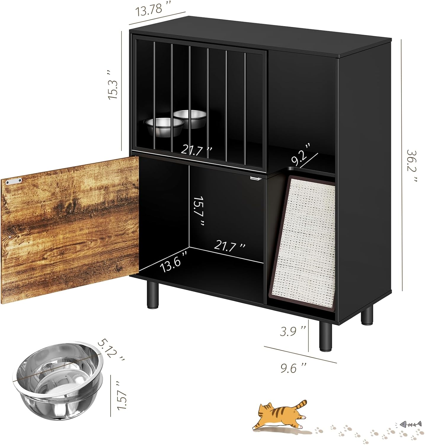 Cat Feeding Station, Dog Proof Cat Feeding Station with Scratching Board, Elevated Food Bowls with Stand, Pet Food Storage with 2 Stainless Steel Bowls, Large Pet House