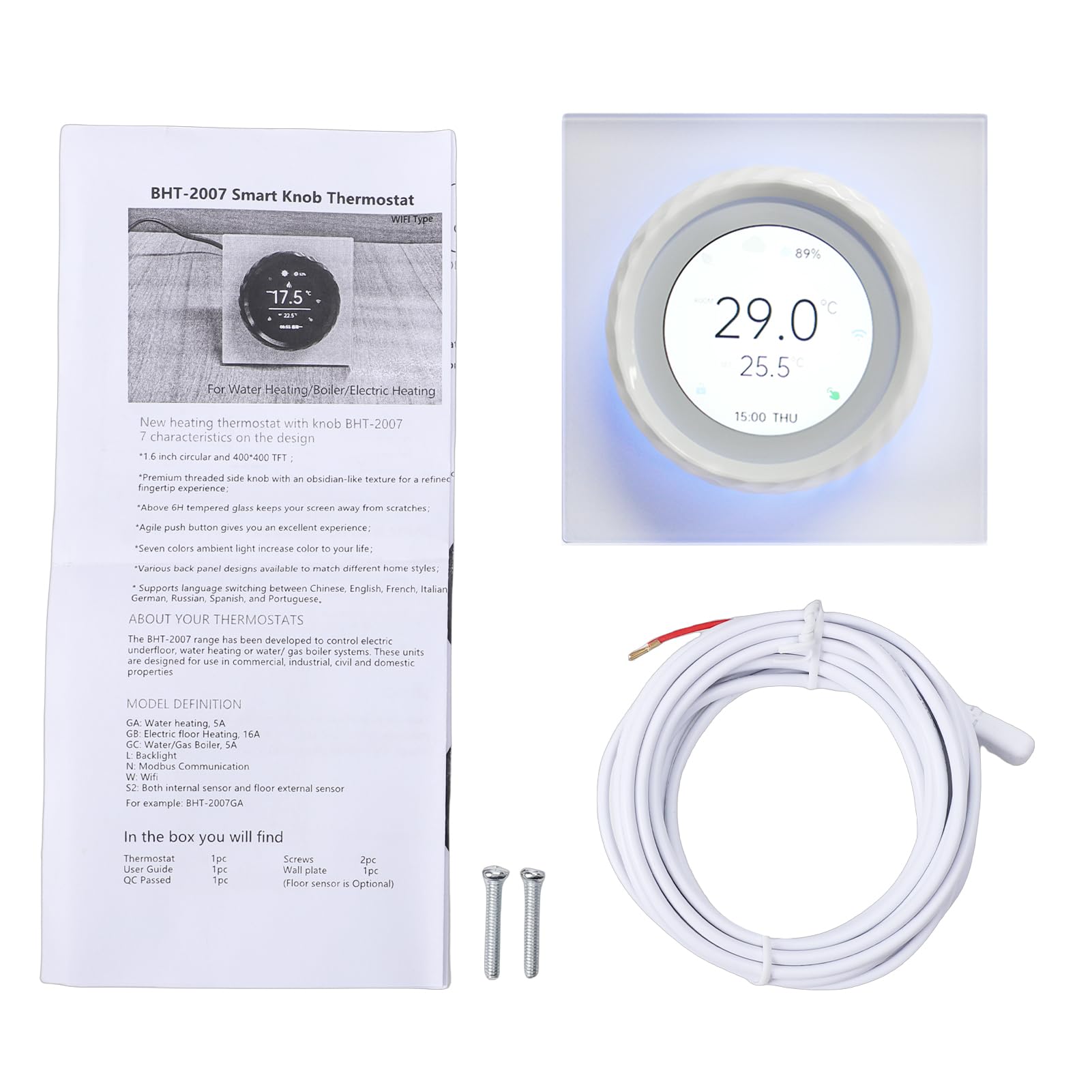 Inteligentny Termostat WiFi, Sterowanie Głosem, Harmonogram 7-dniowy, Blokada Młodzieżowa, Kompatybilny z Ogrzewaniem Podłogowym, Regulacja Temperatury z Dowolnego Miejsca, (Biały)