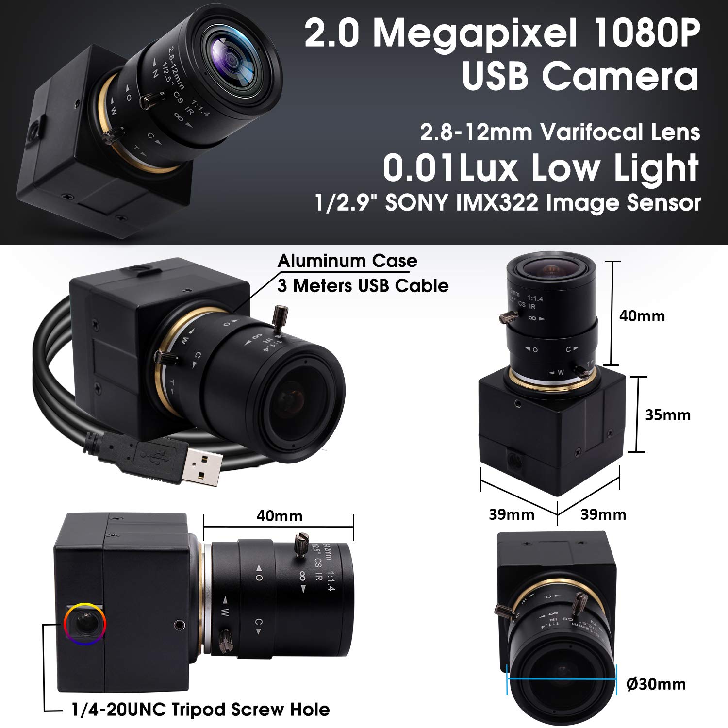Svpro Webcam USB Low Light 1080P Full HD con obiettivo varifocale CS Mount 2.8-12mm, fotocamera Web con zoom e messa a fuoco manuale con sensore IMX323 H.264 per streaming/videoconferenza