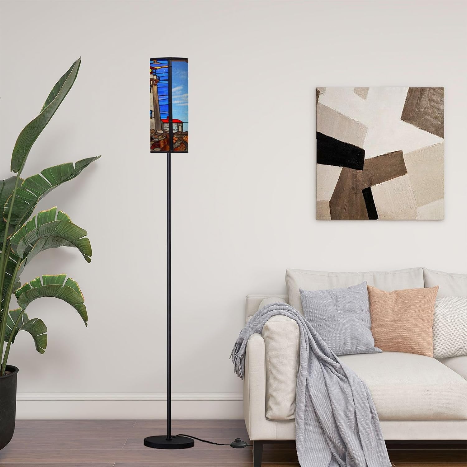 Modern Floor Lamp for Living Room Coastal Inspired Lighthouse Glass Illustration Panel 3 Color Dimmable Standing Lamp with Remote Control Metal Pole Lamp for Bedroom Nursery Reading