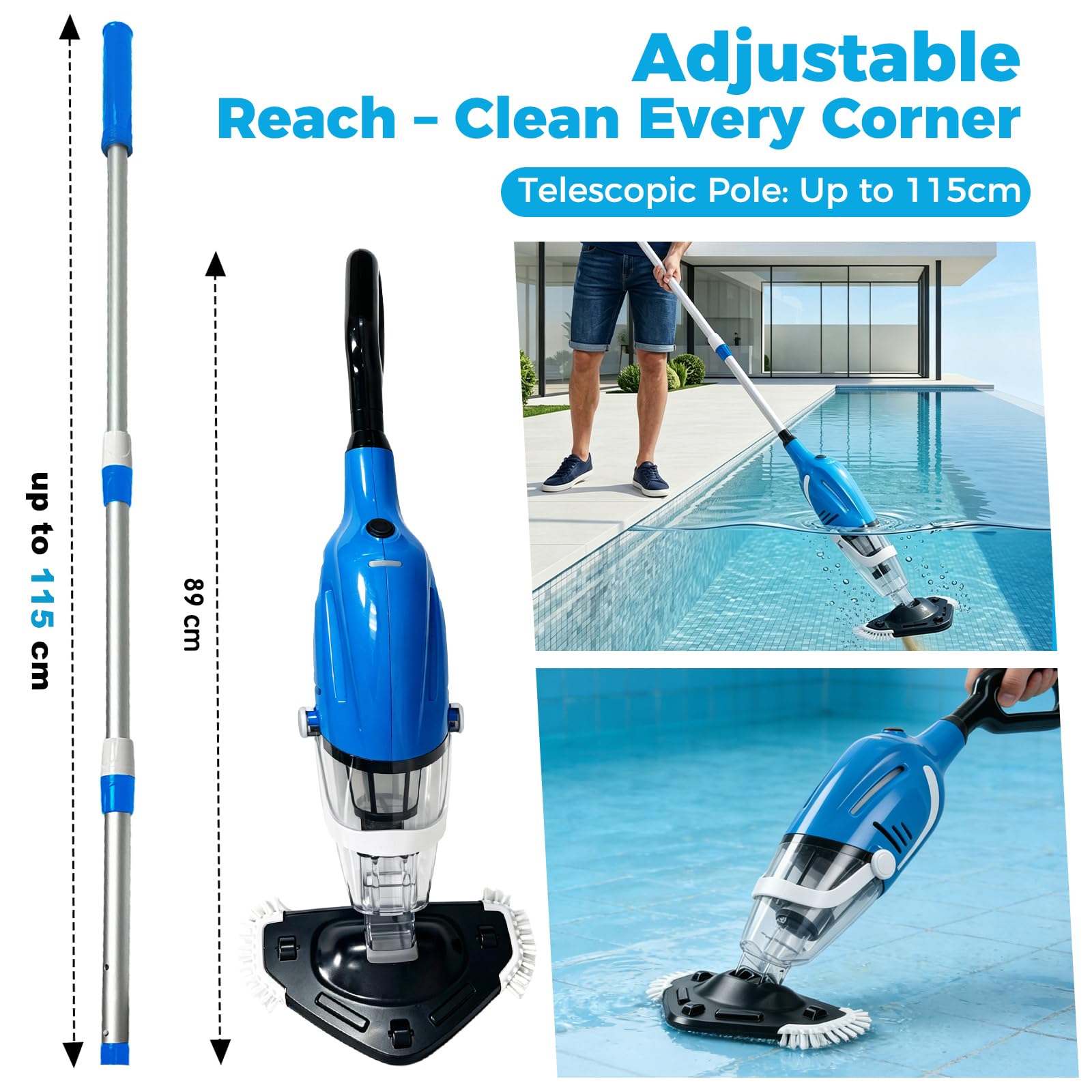 Aspirador de piscina inalámbrico escoba para aspirador piscina, 120 l/min, limpiador eléctrico recargable con mango telescópico para limpieza de caminos, spa y piscinas fuera del suelo