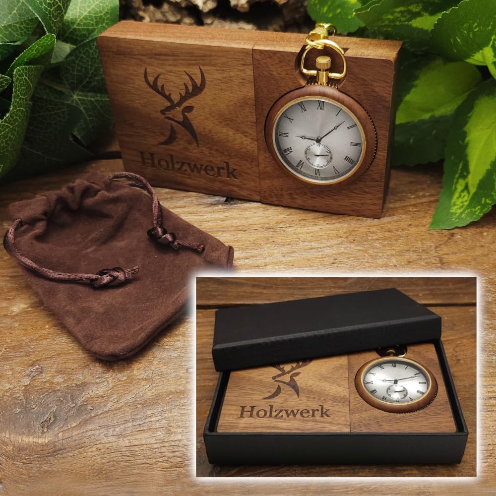Holzwerk Germany 2 in 1 Handgefertigte Taschenuhr Tischuhr Standuhr Öko Natur Holz Taschen Uhr mit Kette Braun Gold Silber Römische Ziffern