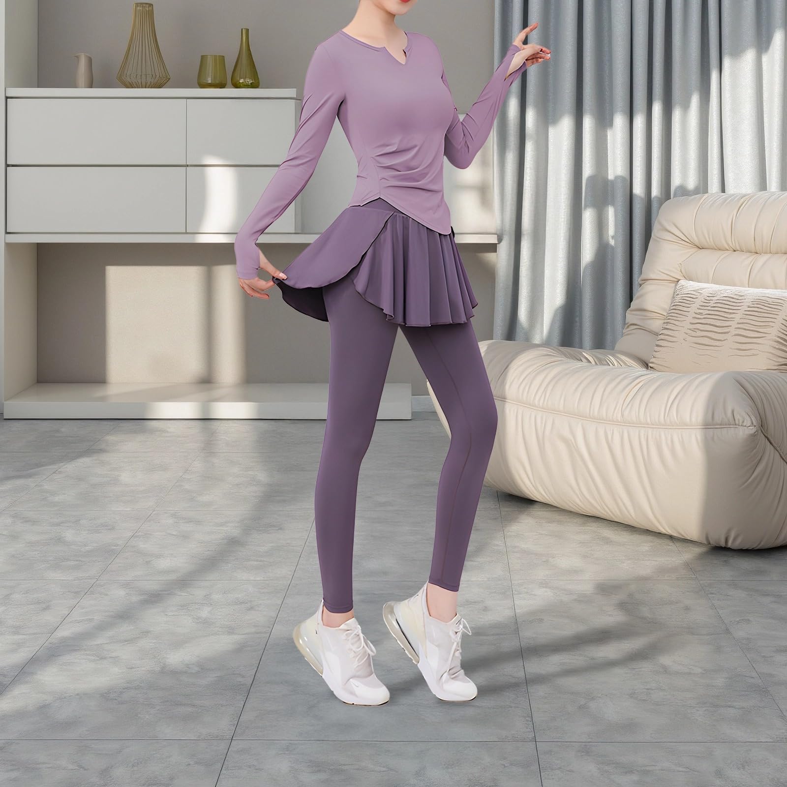 Conjunto de yoga y fitness de 5 piezas para mujer, camiseta atlética de manga larga, pantalones deportivos de cintura alta con falda, tela transpirable y que absorbe la humedad, cómodo y elegante