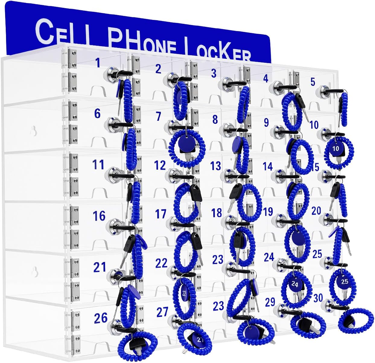 30 Slots Cell Phone Locker, Clear Cell Phone Lock Box with Charging Hole & Elastic Coils & Keys, Wall Mounted Cell Phone Storage Locker for Classroom Office School Gym Employees Meeting Exam