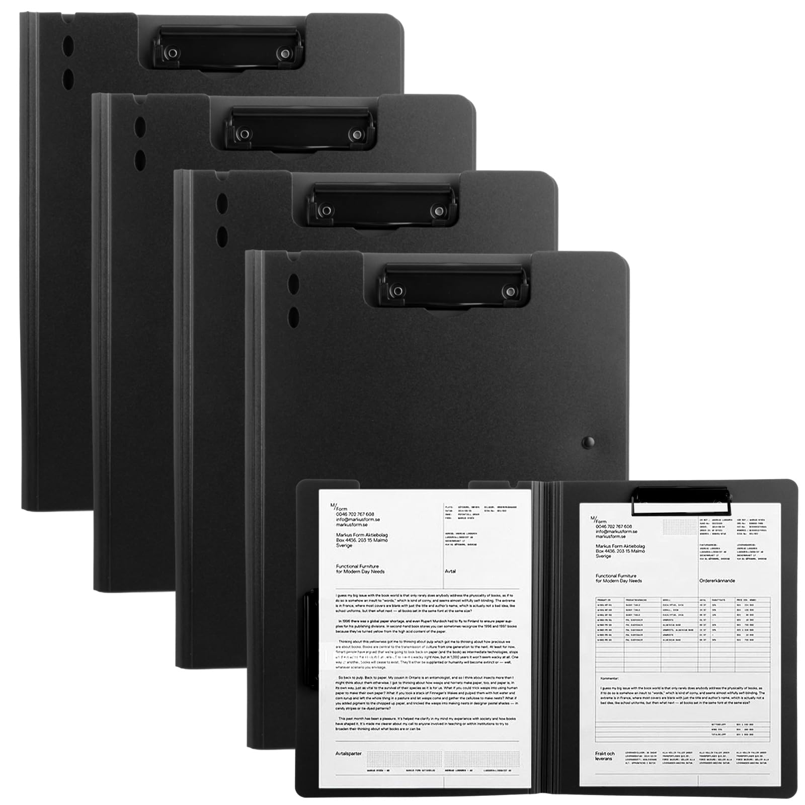 ASelected Clip Boards A4 with Cover Pack of 4,Black Folding Clipboard A4 Foldover ClipBoard Folder with Cover, File Document Organiser for Nurses School Office Business Supply