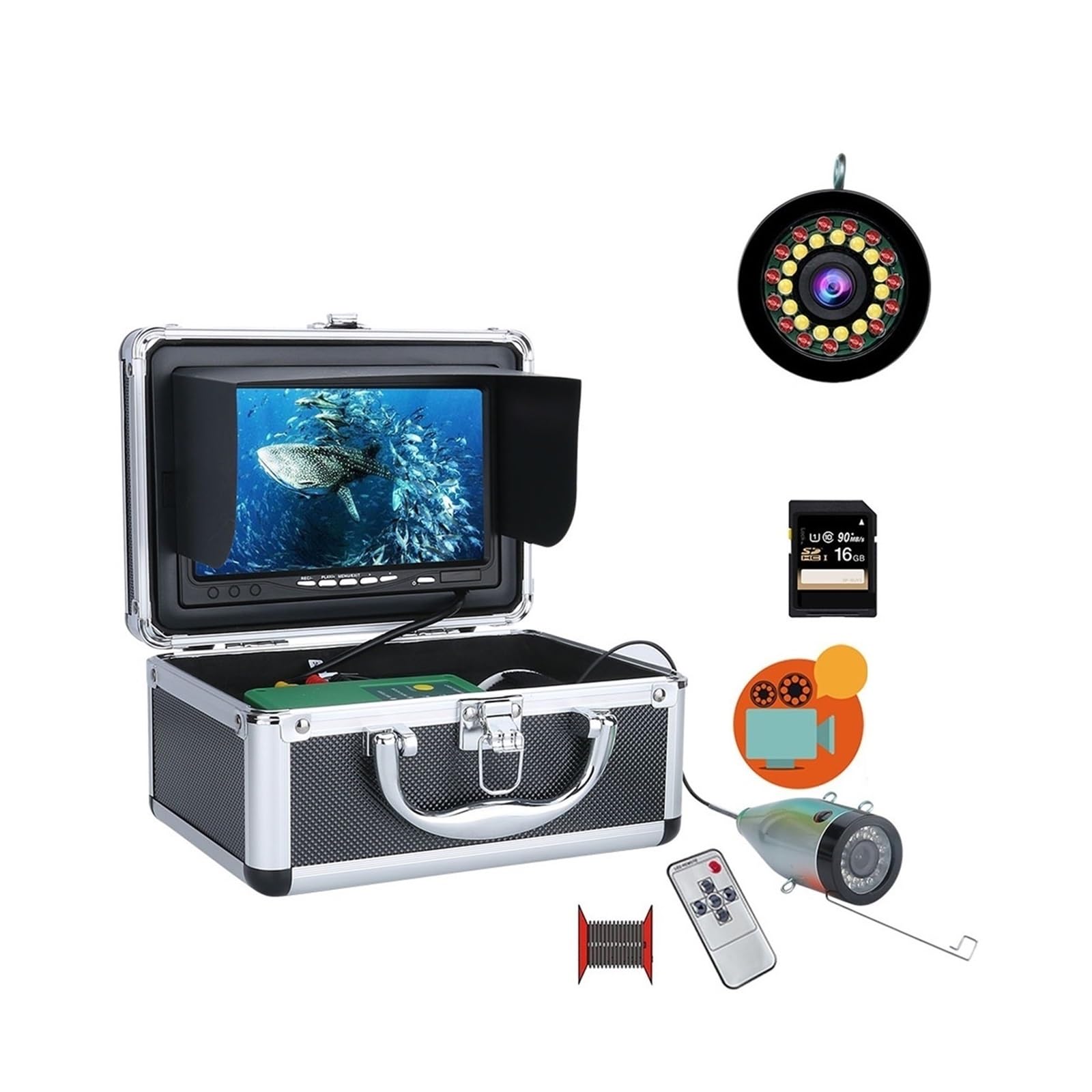 Buscador de Peces, Cámara de Pesca submarina DVR con buscador Peces, Pantalla HD 1280 * 720, 15 LED s + IR, cámara 1080P for, grabación 16 GB(30M)