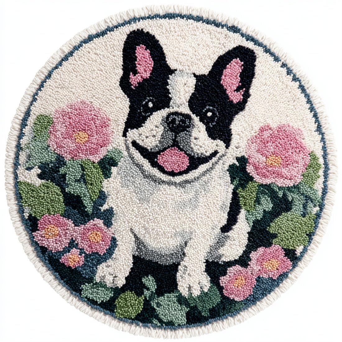 Rqwybcaxn DIY Latch Hook Rug Kit for Adults Animal Embroidery Kit Bulldogs and Flowers 50x50cm Round Tapestry with Crochet Hook Living Room Craft Gift