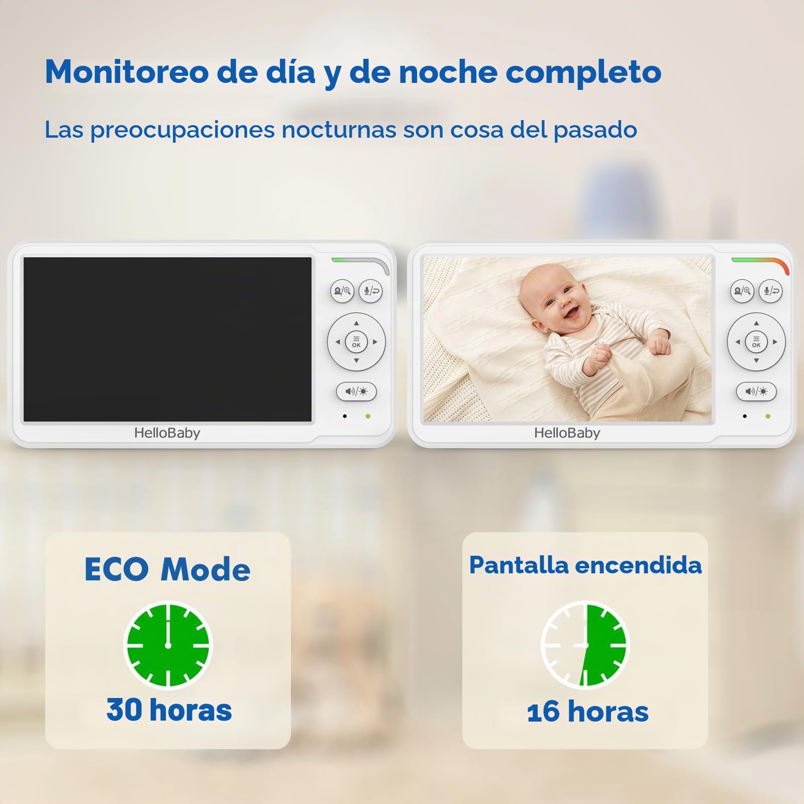 HelloBaby Monitor de Bebé con Pantalla IPS de 6", Sin WiFi, Batería 30h, Pan-Tilt 355°, Visión Nocturna Alcance 1000 Pies, Portátil con Alerta de Temperatura, Canciones de Cuna y Modo VOX
