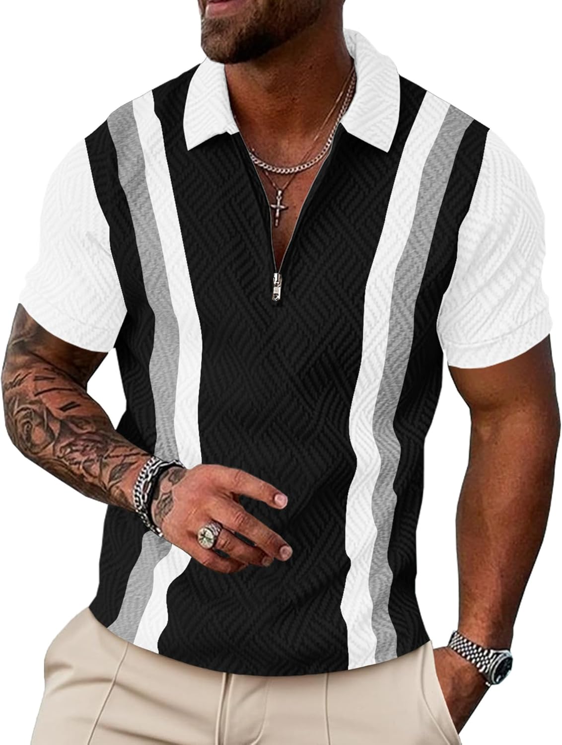 UOUA Men's 1/4 Zip Polo Shirts Summer Short Sleeve Sweatshirts Vintage Striped Texture Tops Casual Golf Tee