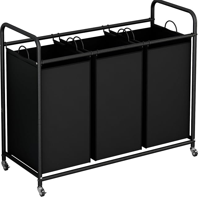 LINZINAR 3-Bag Laundry Basket Sorter Laundry Hamper Cart with Heavy Duty Rolling Lockable Wheels and Removable Bags (Black)