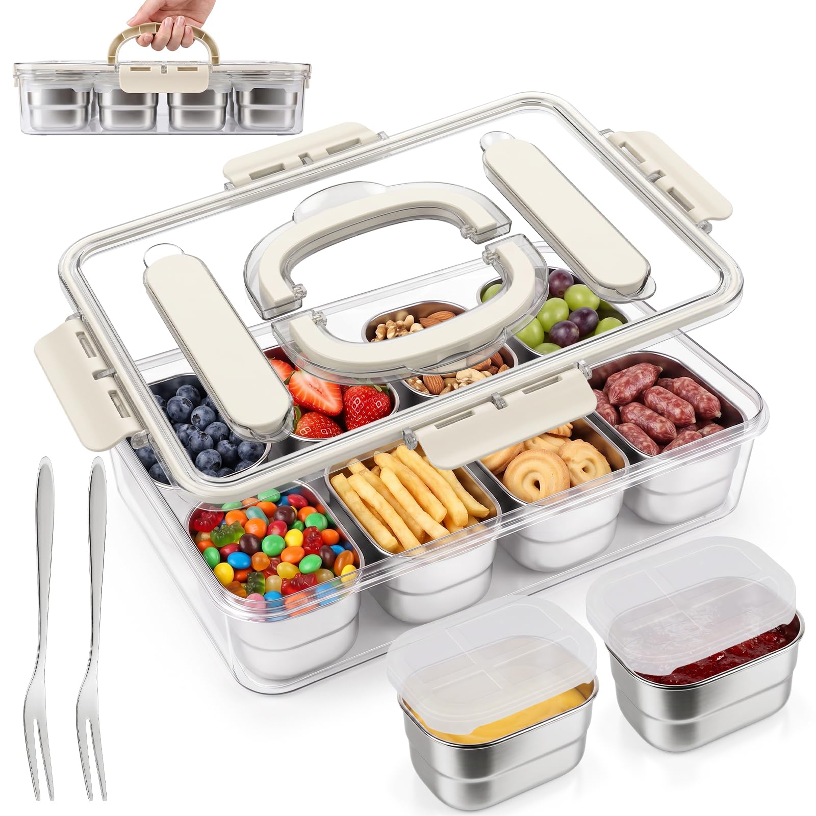Edelstahl Snackbox mit 8 Fächern – Tragbare Box mit Deckel & Griff, auslaufsicher, luftdicht, spülmaschinenfest – für Snacks, Süßes, Kekse, Gemüse, Nüsse, Obst & Gewürze – Ideal für Picknick & Reise