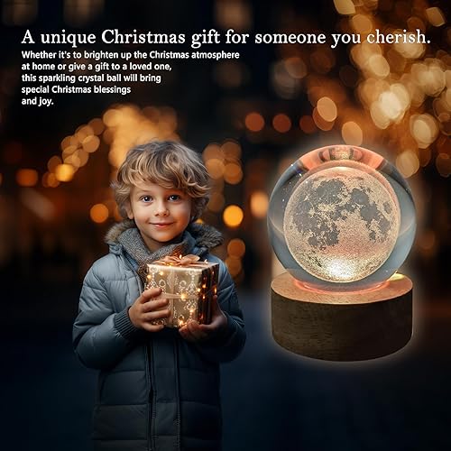 Miniatura 4 de TUUWAI Bola de cristal de luna 3D de 2.36 pulgadas con lámpara LED, base de madera colorida luz nocturna con bola brillante extraíble, luz cambiante
