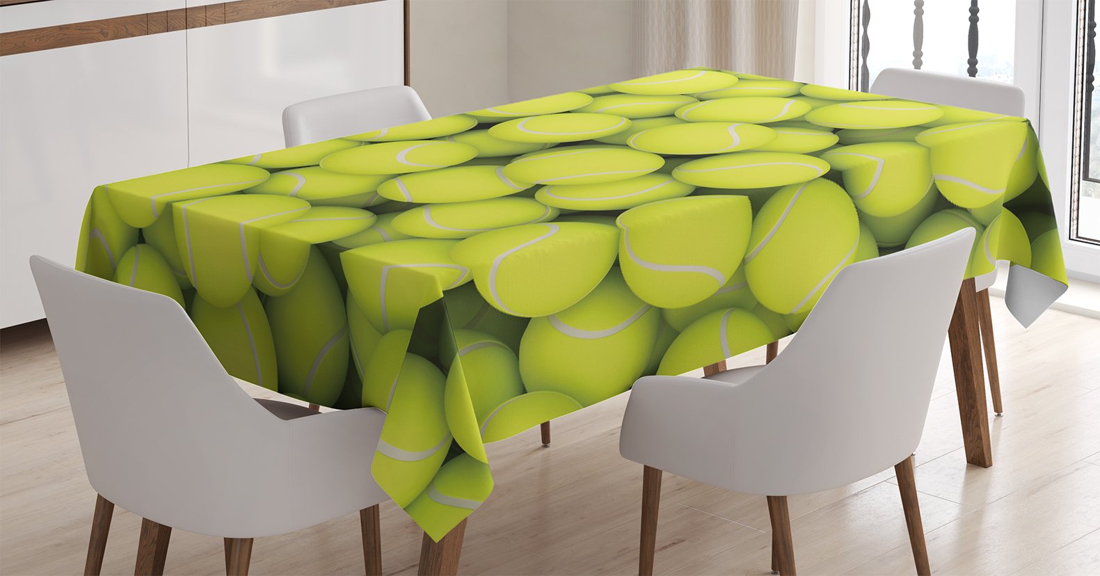 ambesonneAmbesonne Sports Table Cloth, Heap of Tennis Balls Hobbies Happiness Leisure Time Competitive Match Lifestyle, Rectangular Table Cover for Dining Room Kitchen Decor, 52'' X 70'', Apple Green