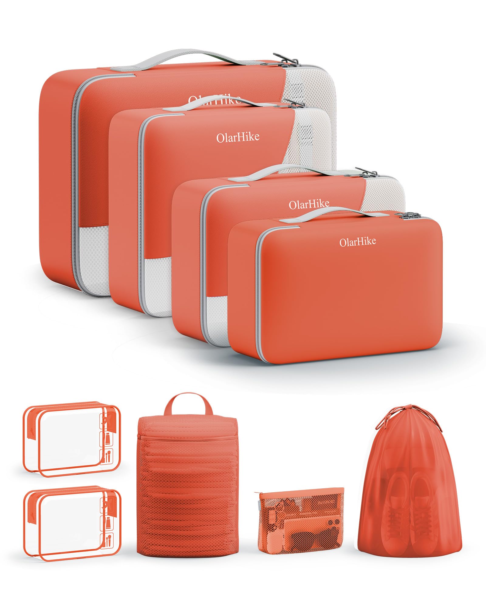 OlarHike Packing Cubes for Travel,Gifts for Women Mom,Anti-Tearing Suitcase Organizer for Luggage with Shoe &amp; Hanging Toiletry Bag,Vacation Essentials &amp; Accessories for Cruise Ship,11 Set,Orange