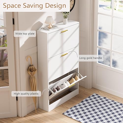 Miniatura 4 de LYNSOM Juego de 2 zapateros, organizador de zapatos con 3 cajones abatibles, moderno almacenamiento de zapatos de entrada con pantalla superior,