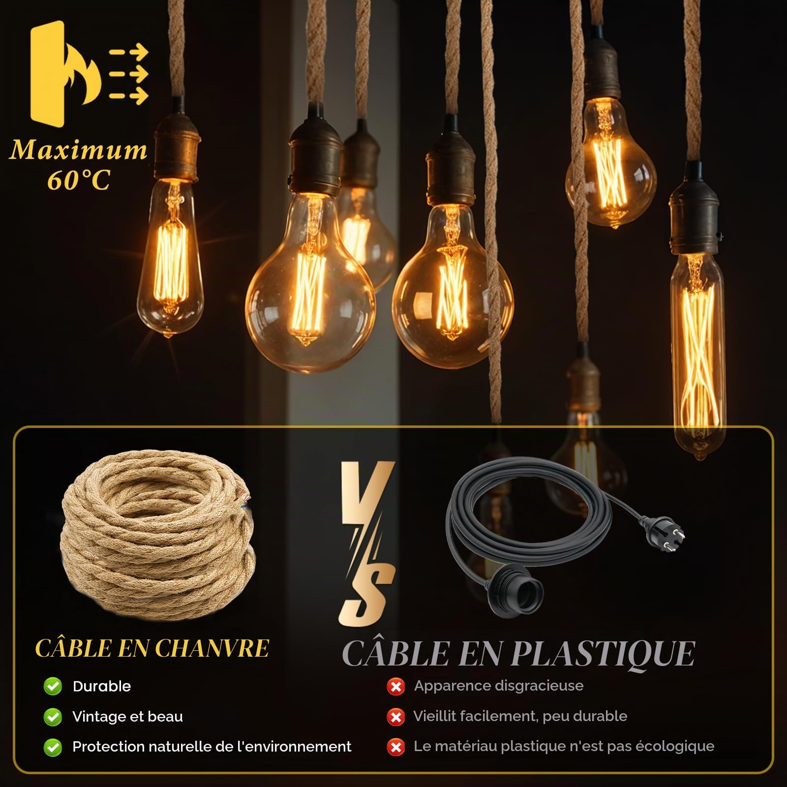 Corde Electrique 3 Noyaux,20 M Fil électrique Tissu Cable Electrique Corde 3 x 0,75mm²Rétro Corde de chanvre tressé torsadée Câble pour Accessoires de Lampe à Suspendre