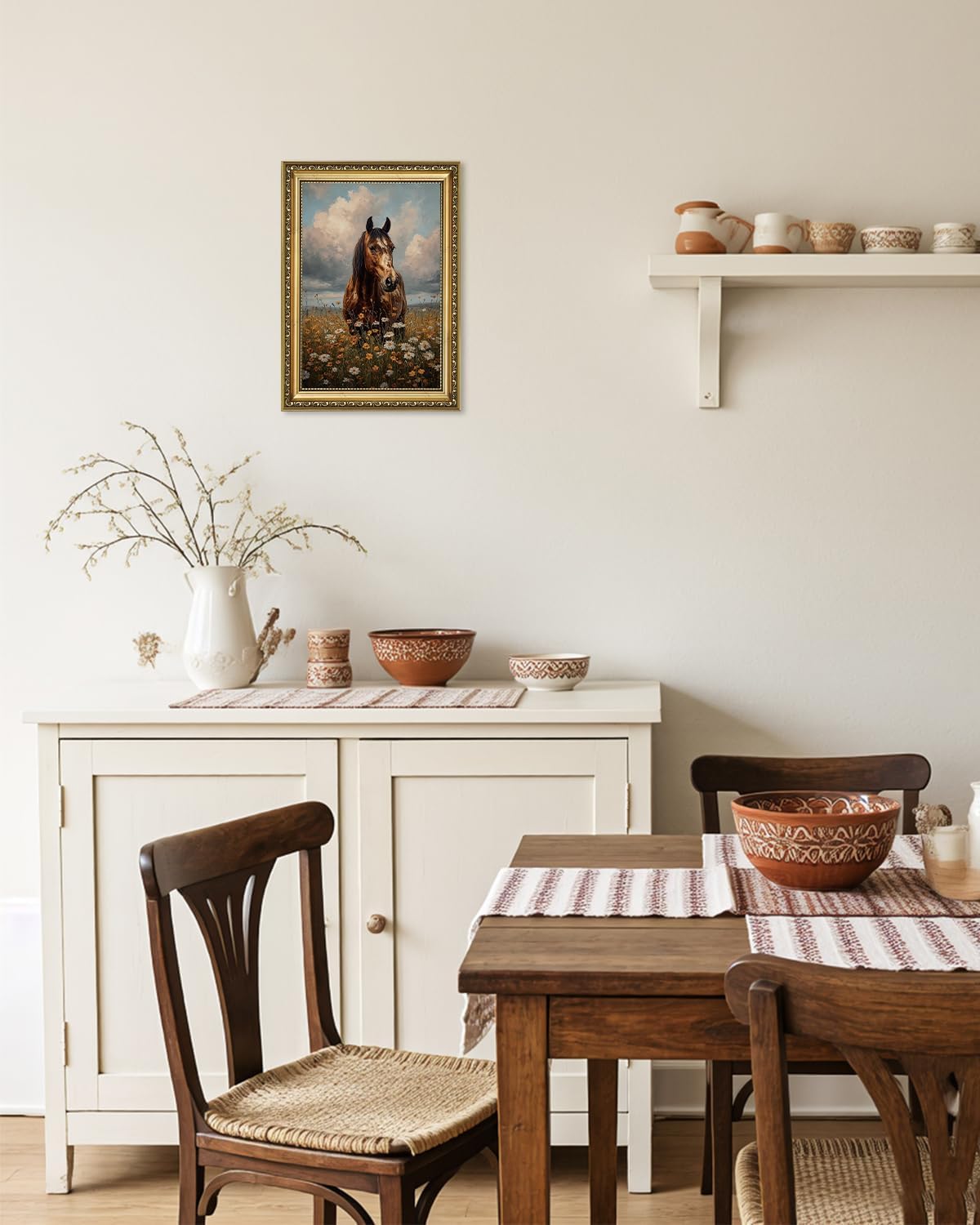 AIKETUO Gold Framed Retro Vintage Horse Wall Art for Bedroom, Vintage Horse Floral Wall Decor, Artwork for Aesthetic Rustic Farmhouse Living Room Bathroom Bedroom Ofiice Decor Big 24" L x 16" W
