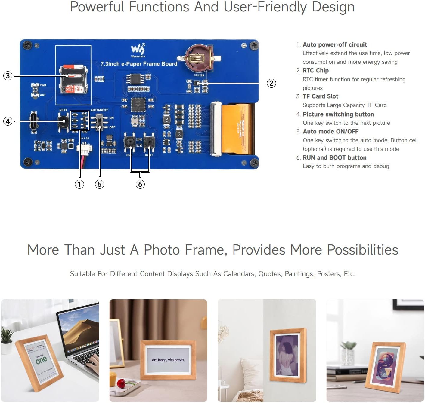 Diagram of the internal circuit board of the Waveshare 7.3-inch E-Paper Frame, labeling components like auto power-off circuit, RTC chip, TF card slot, picture switching button, auto mode ON/OFF, and RUN/BOOT button.