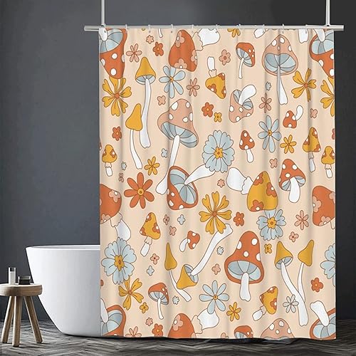 Miniatura 7 de Cortina de ducha de hongo hippie retro para baño con 12 ganchos, bonito juego de cortinas de ducha bohemias para decoración de baño, 72 x 72