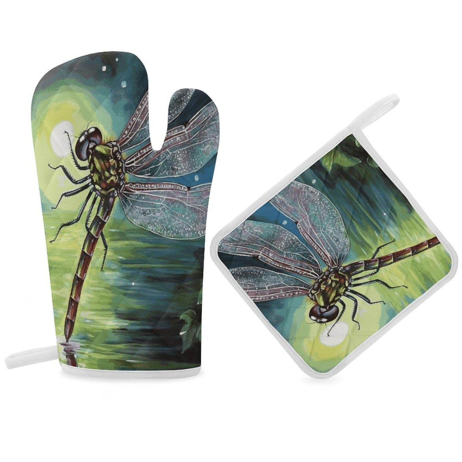 Fodpand Women's Style Dragonfly Painting Oven Mitts And Pot Holders Sets,Oven Gloves For Kitchen Oven Mitts And Potholders For Baking Cooking Grilling Apartment Essentials