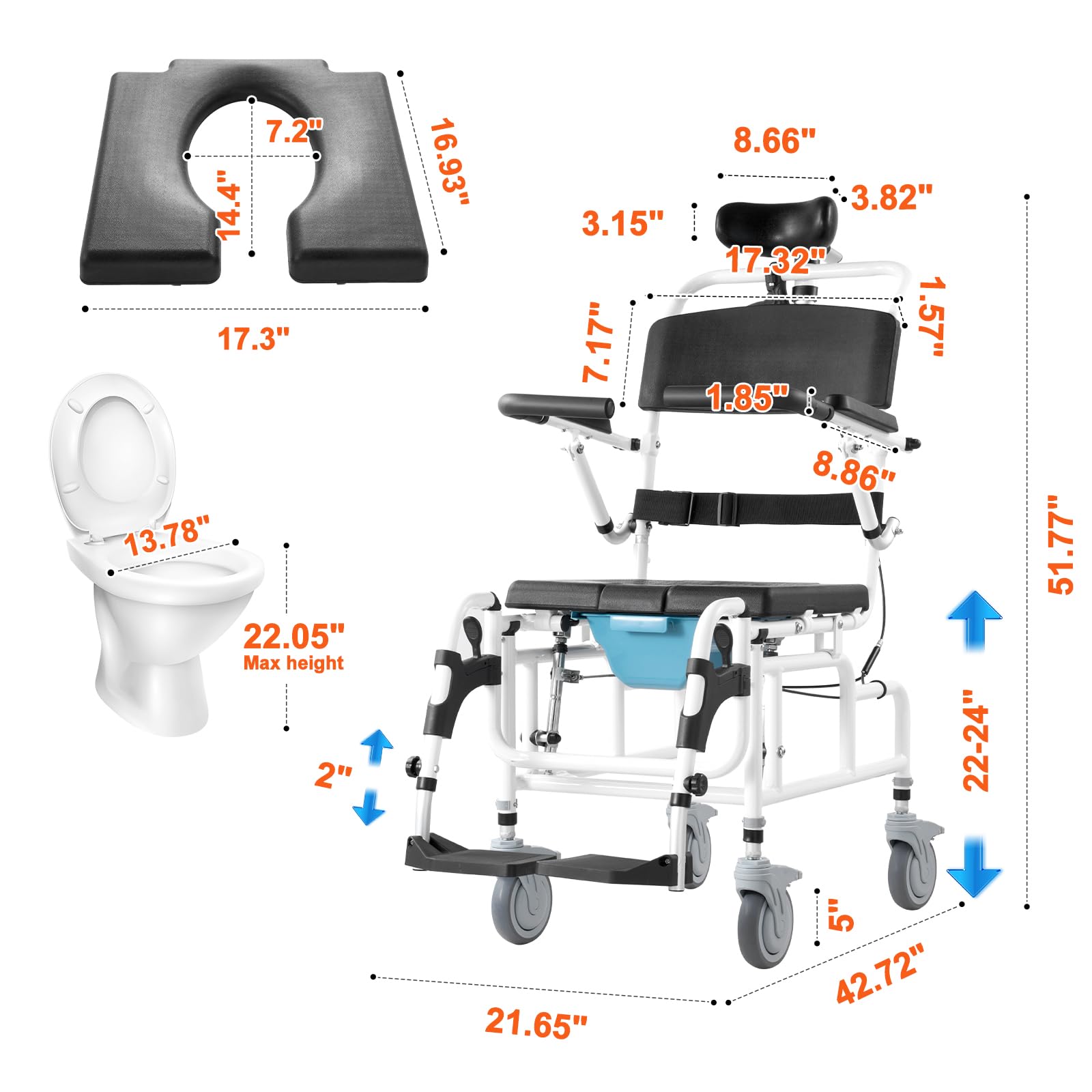 VEVOR Silla de Ruedas de Ducha de Aleación de Aluminio para Ducha Interior, con Freno para Adultos Discapacitados, Silla de Transporte de Ducha de 136 kg de Capacidad, 1085 x 550 x 1315 mm, Negro