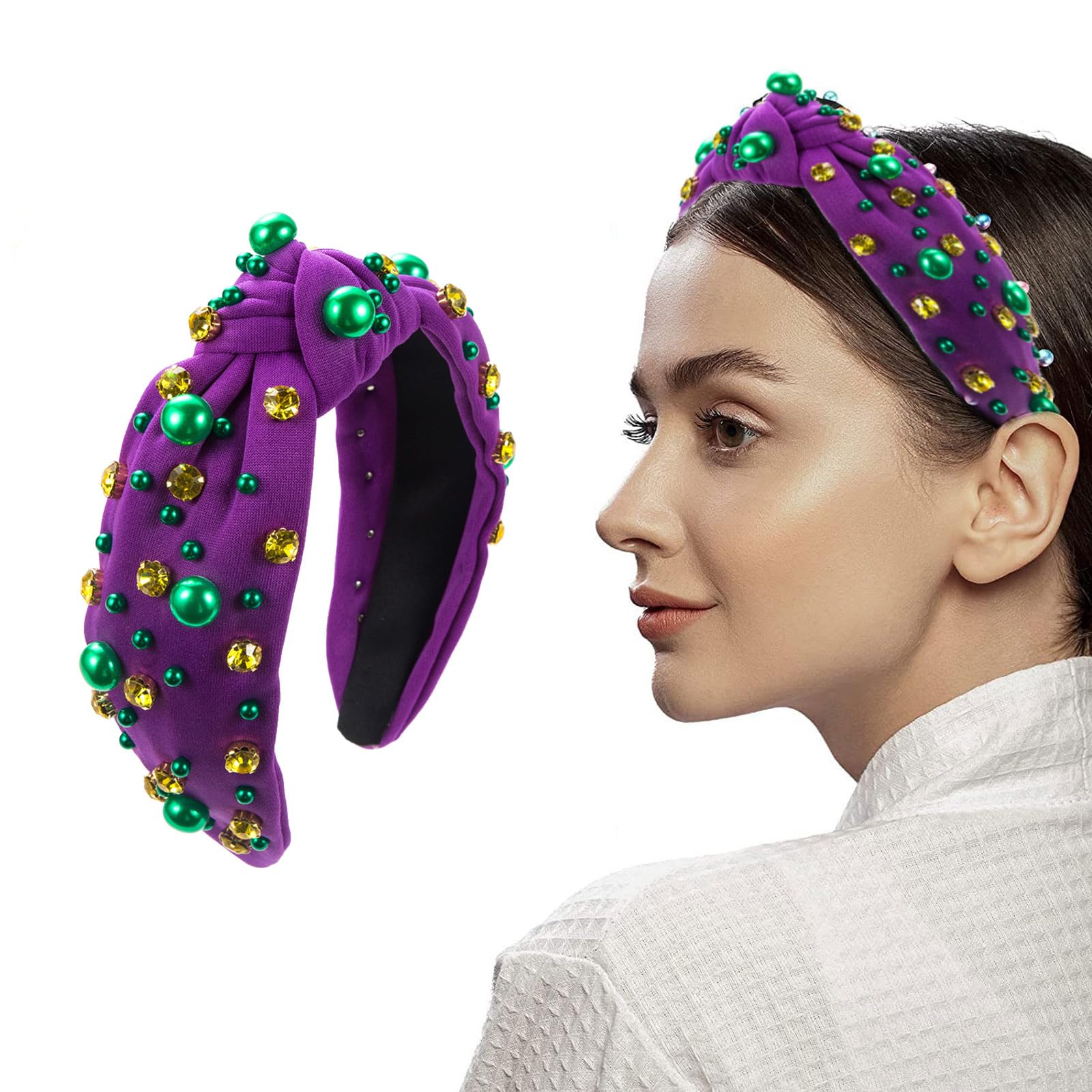 Fascia Per Capelli Larga Con Nodo Di Perle E Strass Luccicanti - Cerchietto Elegante Per Donna, Accessorio Moda (Blu Chiaro) - 2