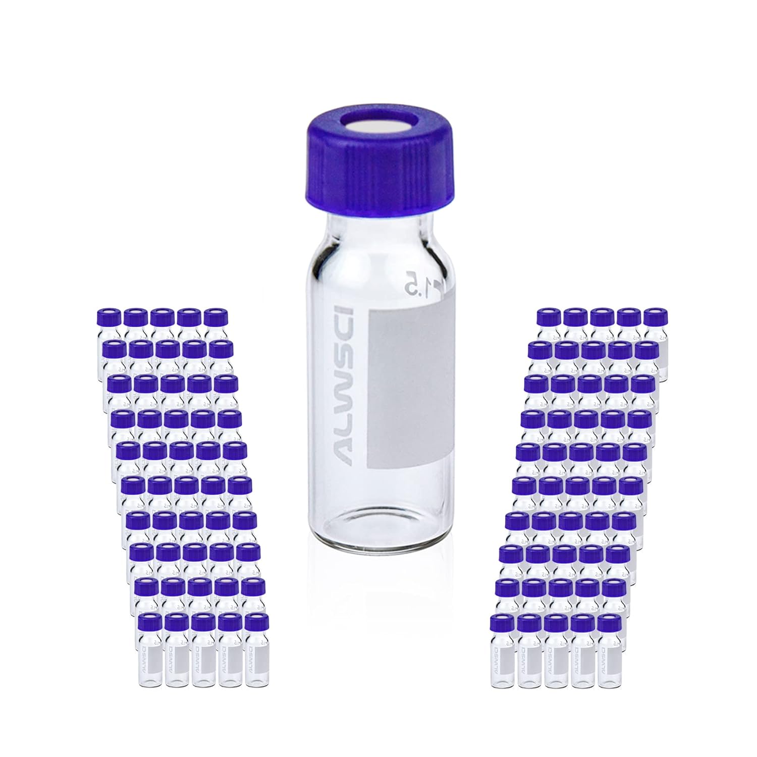 ALWSCI 2ml 9 mm HPLC Clear Autosampler Vial, Borosilicate Sample Vial with Graduation, 9-425 Type Screw Threaded, Blue Screw Cap with Hole, Red PTFE&White Silicone Septa, 100 of Pack