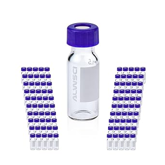 ALWSCI 2 ml Clear Autosampler Vial, HPLC Vial with Writing Area, 9-425 Screw Cap, 9 mm Blue PTFE & White Silicone Liner, 100pcs/pk