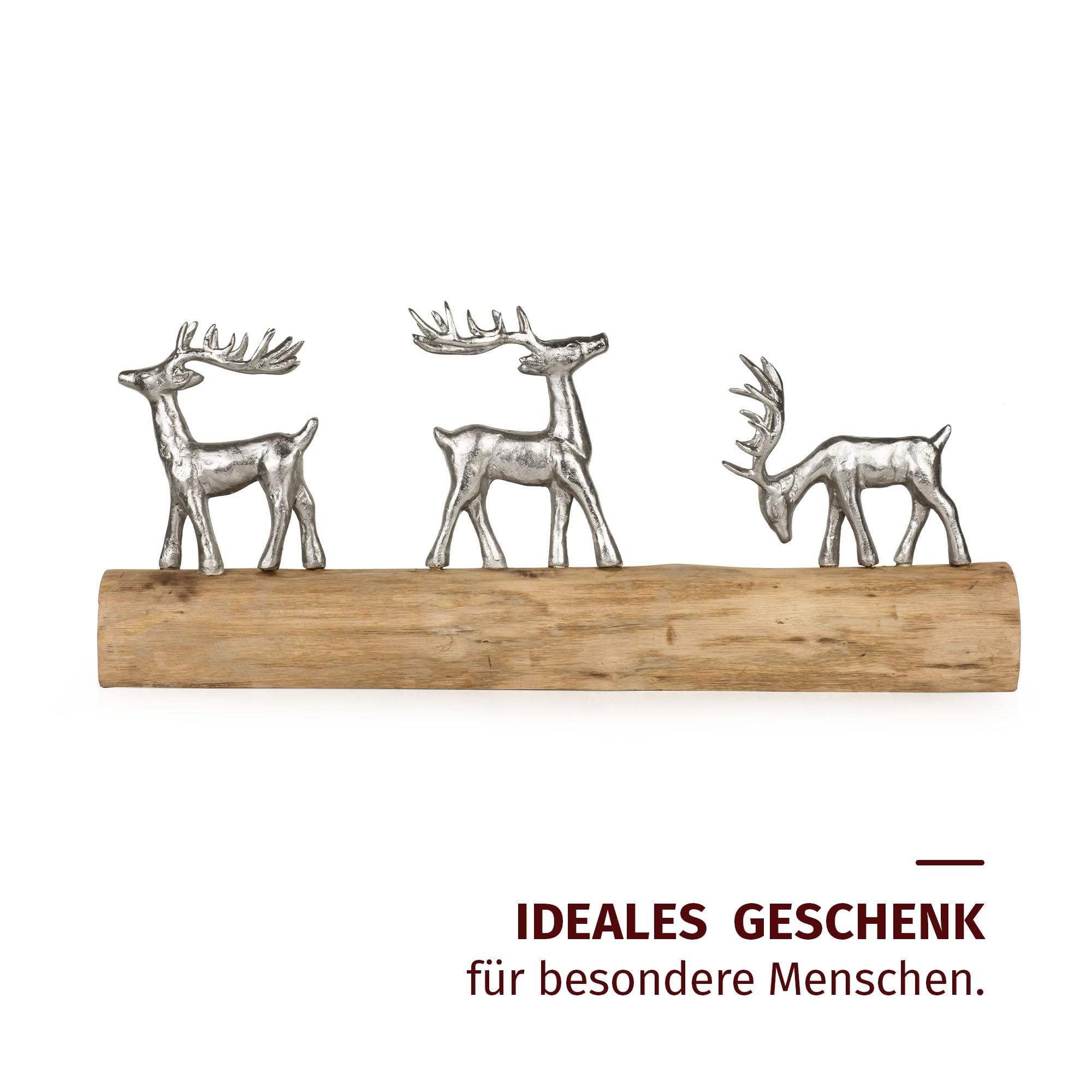 Moritz Weihnachtsdeko Rentiere auf Holzstamm 57 cm handgefertigte Figur aus Aluminium und Mangoholz mit DREI silbernen Hirschen winterliche Dekoration für Fensterbank, Kamin oder Kommode