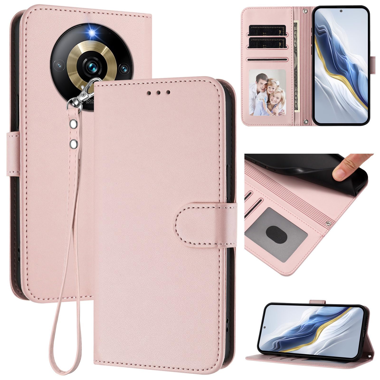 Flip Cover Compatible with Realme Narzo 60 Pro,Compatible with Realme 11 Pro 5G / 11 Pro Plus 【Strap Lanyard】【Card Slot Wallet】【Phone Case】【Magnetic Clasp】 Stand Pink