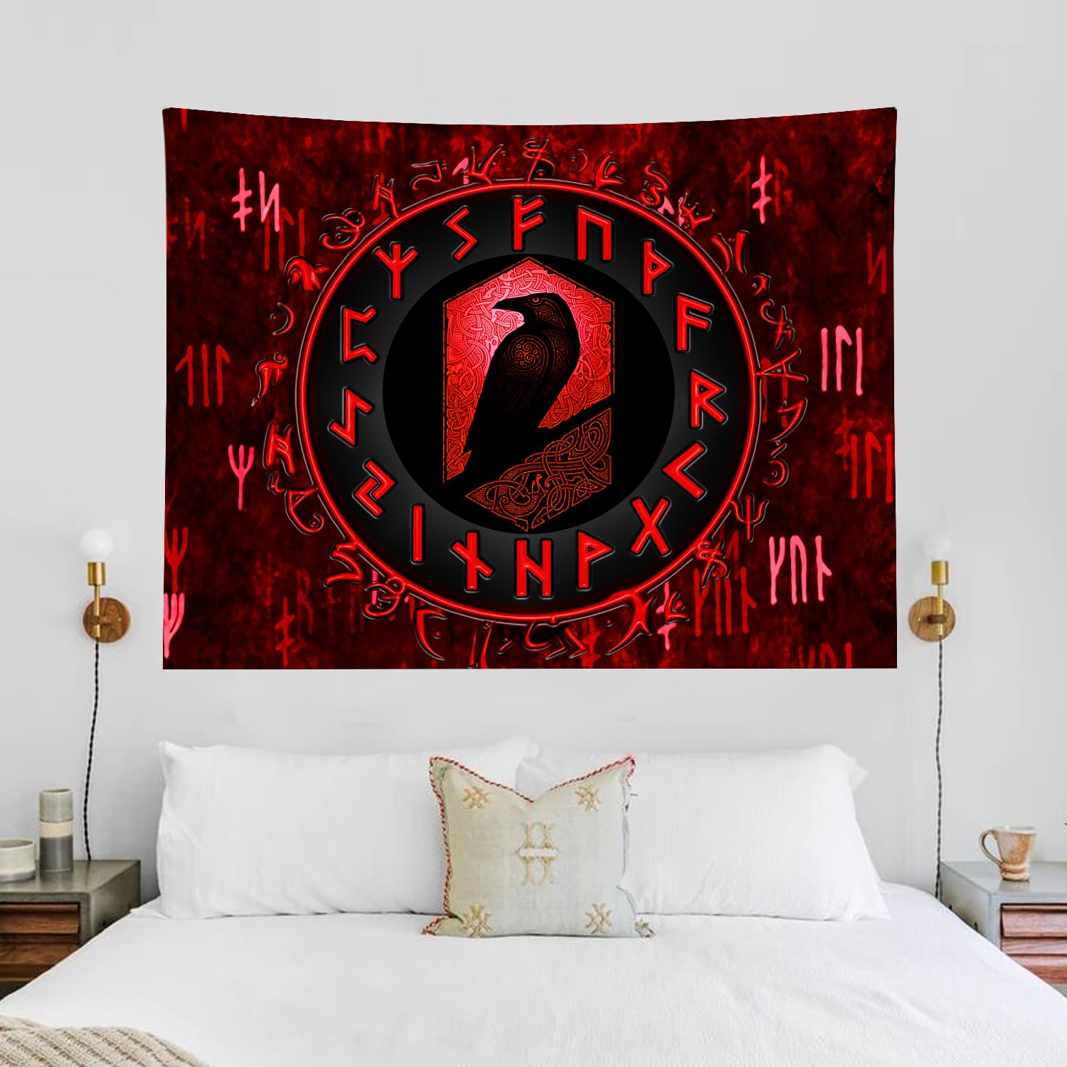 Arsey Nordic Viking Tapestry Wall Hanging Raven Meditation Red Runes Tapestries Decor Bedroom Living Room, 200 x 150 cm - Image 2