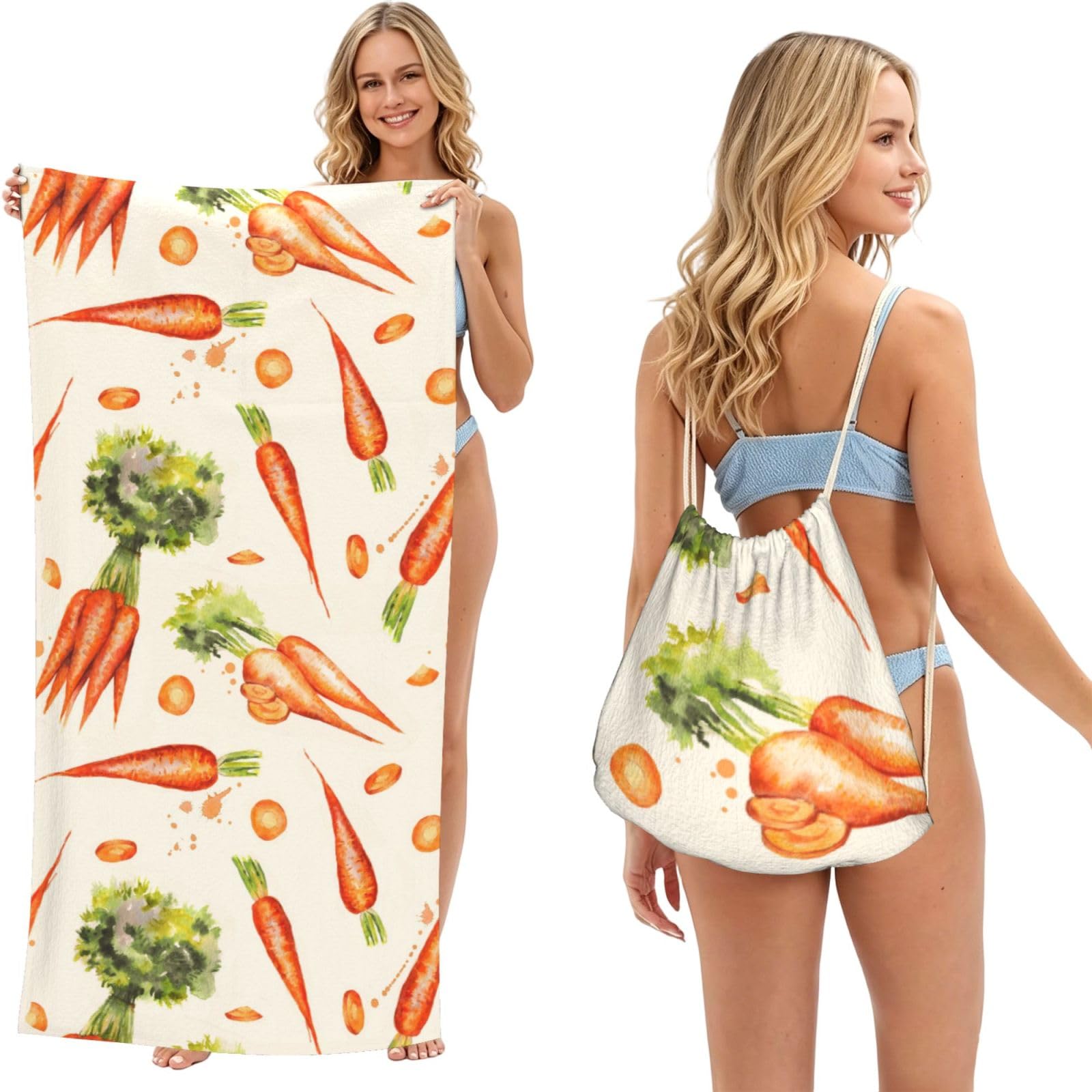 Poadnly Watercolor Hand Drawn Carrots, 2 in 1 Packable Towel Bag, Beach Towels with Drawstring Backpack for Travel Holiday Camping