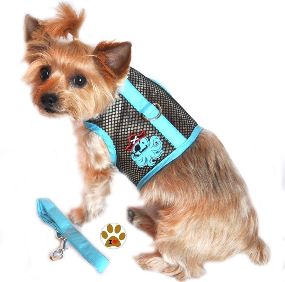 DOGGIE DESIGN Blue Black Pirate Octopus Under The Sea Cool Mesh Harness Vest w/Leash and Pin Set - Dog Sizes XS Thru L (Medium- Chest 19-22" Neck 13-16", Blue/Black Pirate Octopus)