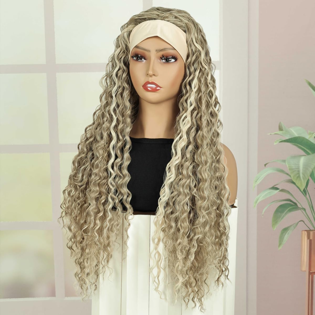 Creamily Glueless Headband Wig Long Blonde Curly Headband Wigs for Black Women Synthetic Natural Looking Curly Wavy Wig Heat Resistant 180% Density (28 inch - Image 2