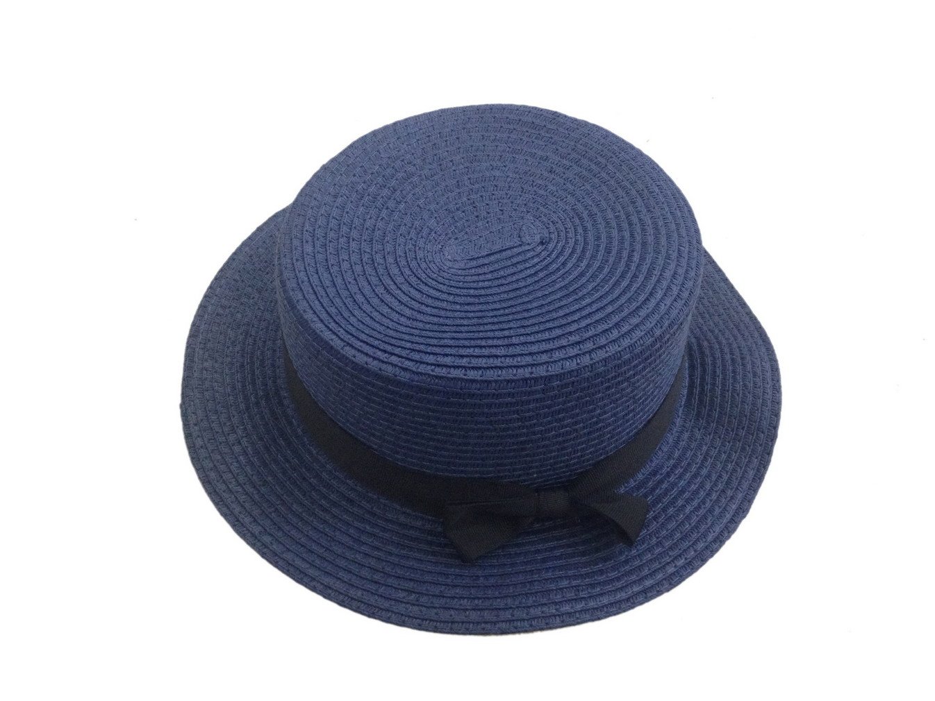 ACVIP Women's Solid Color Straw Boater Hat with Bow Band (Navy Blue)