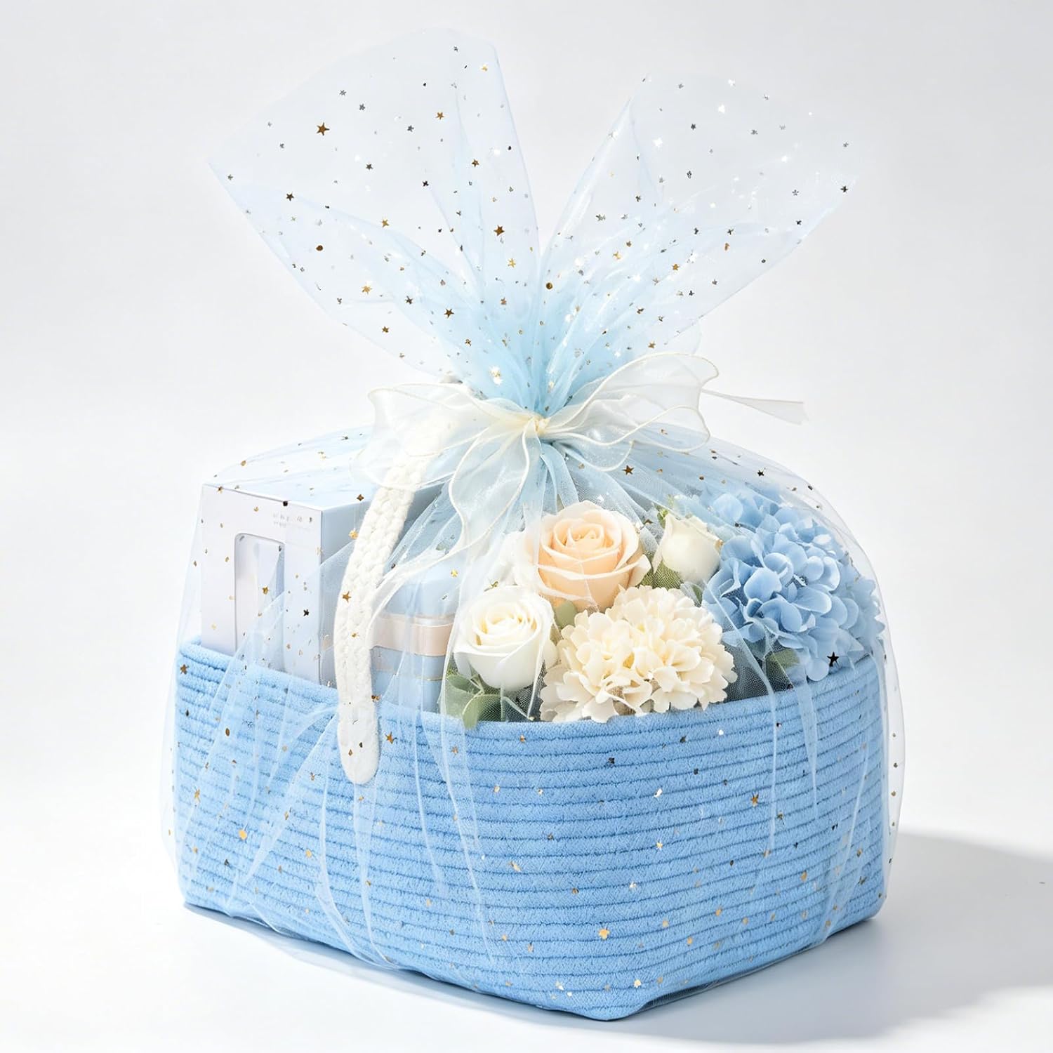 Large Woven Basket for Gifts Empty, Storage Basket 15" x 11" x 6.5" with Glitter Tulle, Ribbon and Card Paper, One-Handle Design, DIY Time for Holiday Gifts, Baby & Pet Toys, Graduation - Blue