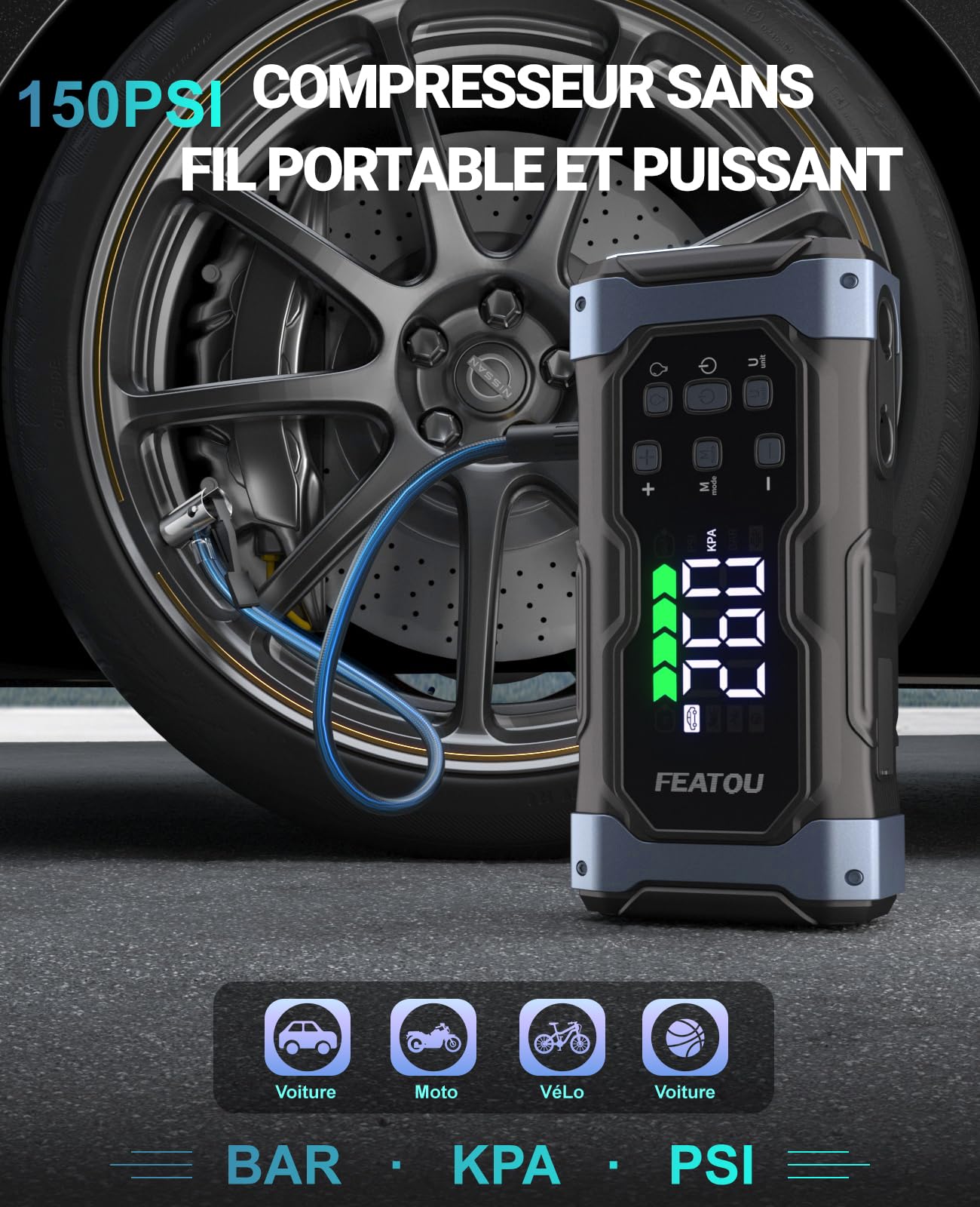 7000A Booster Batterie Voiture avec Gonfleur, Chargeur Demarreur Booster de Batterie Voiture Tous Essence et 12L Diesel, Charge Rapide 30 W, Portable Démarreur d'halloween avec 12V Compresseur