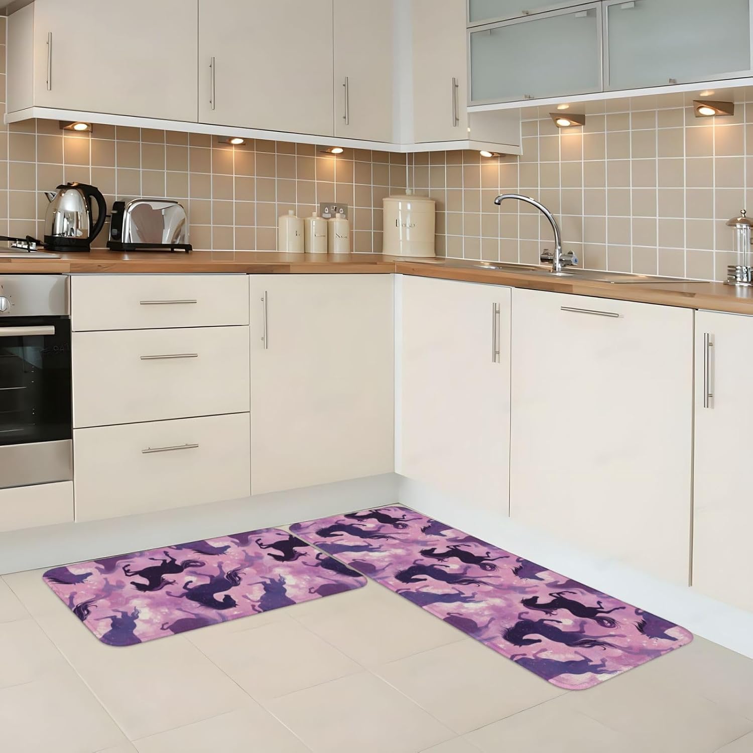 Purple Horse Print Kitchen Rugs Sets of 2 Non Slip Washable, Anti Fatigue Kitchen Mats for Floor, Home Decor