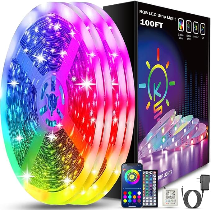 Keepsmile 100ft Led Strip Lights Bluetooth Smart App Control Music Sync Color Changing RGB