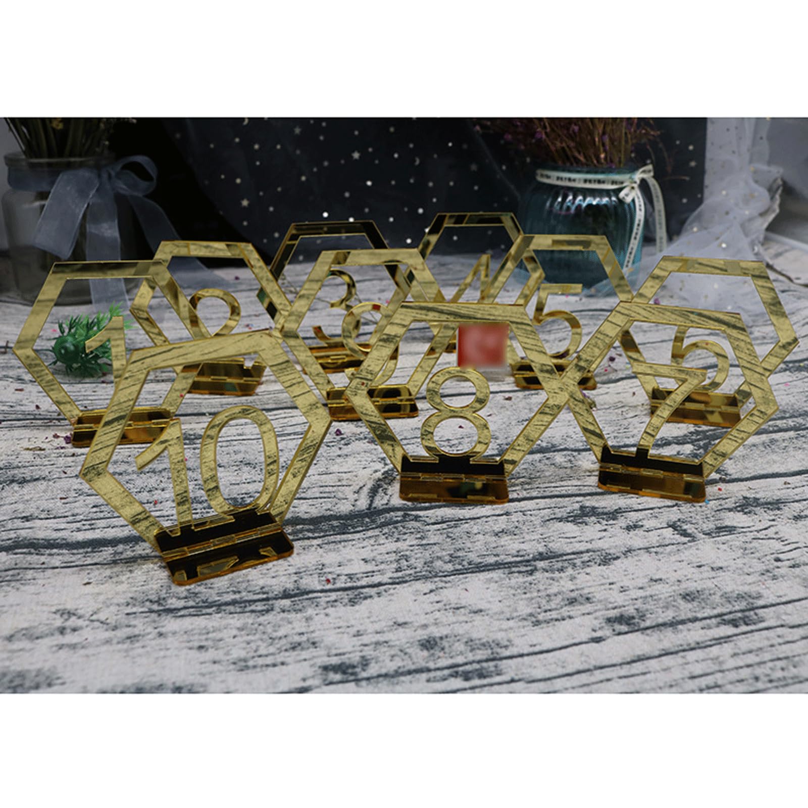 Sechseckige goldene Tischkarten aus Acryl, digitaler Tischkartenhalter, prägnanter Tischnummernständer, perfekt für Dinnerpartys, Bankettveranstaltungen