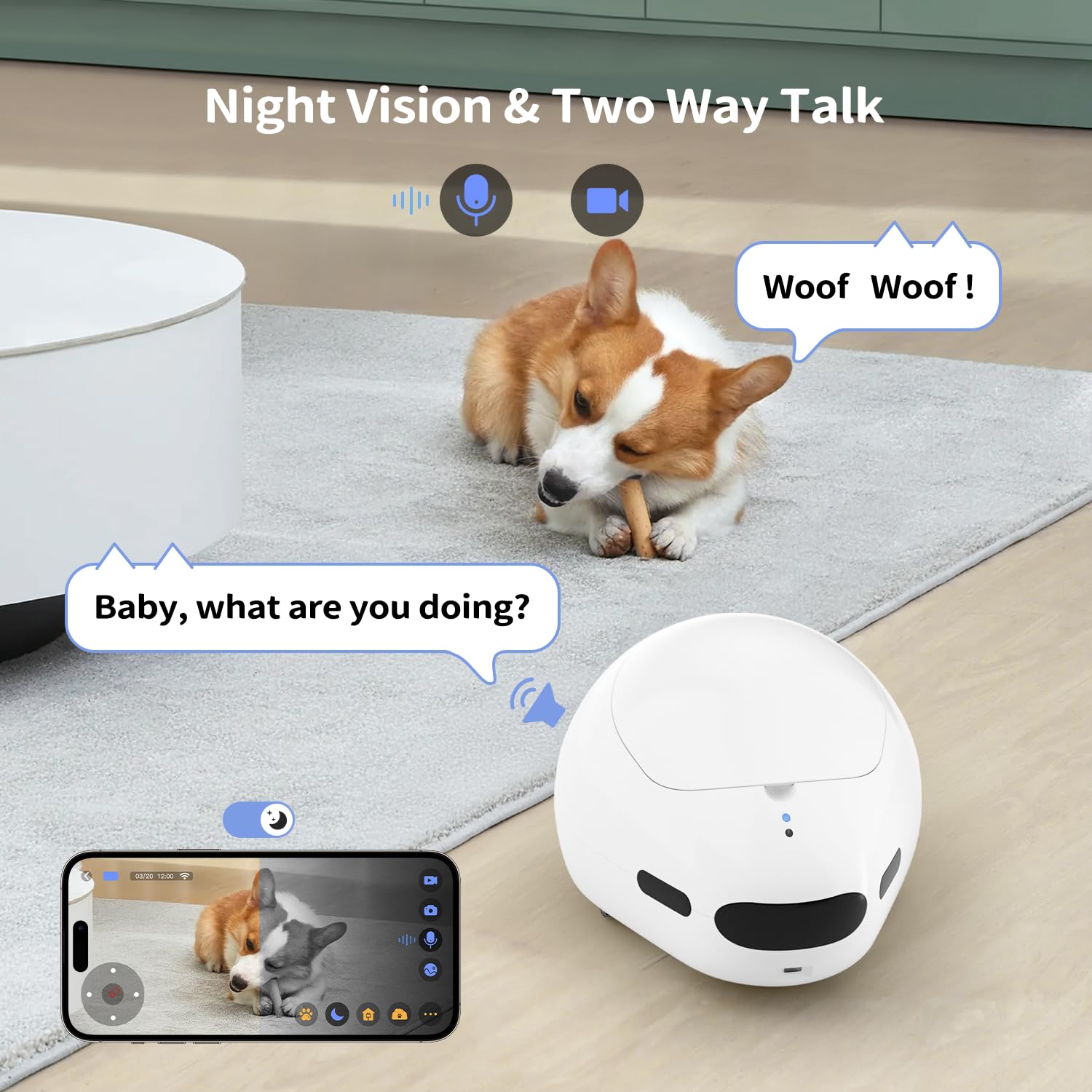 Cámara para gatos, robot de cámara móvil para mascotas con aplicación para teléfono, dispensador de golosinas para mascotas, cámara para mascotas interior, cámara para perros con visión nocturna,