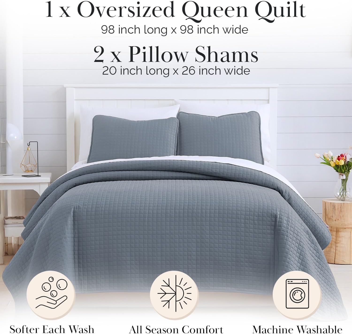 Southshore Fine Living, Inc. Queen Quilt Set, Full Size Bedspread with 2 Matching Pillow Shams, Soft Microfiber Lightweight Quilts, Queen Size Coverlet, Easy Care Machine Washable, Slate Blue - Image 2