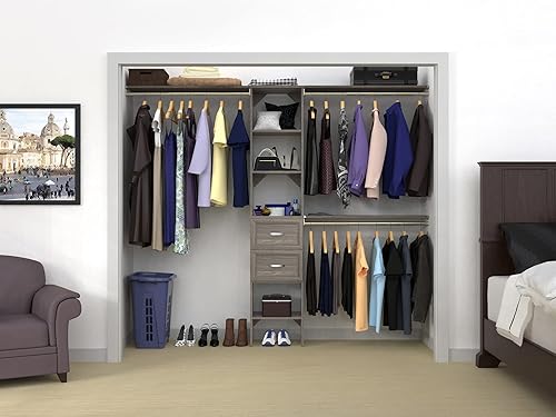 Miniatura 9 de ClosetMaid SuiteSymphony - Kit organizador de armario de madera con torre 3 varillas para colgar estantes superiores 2 cajones ajustable se adapta a