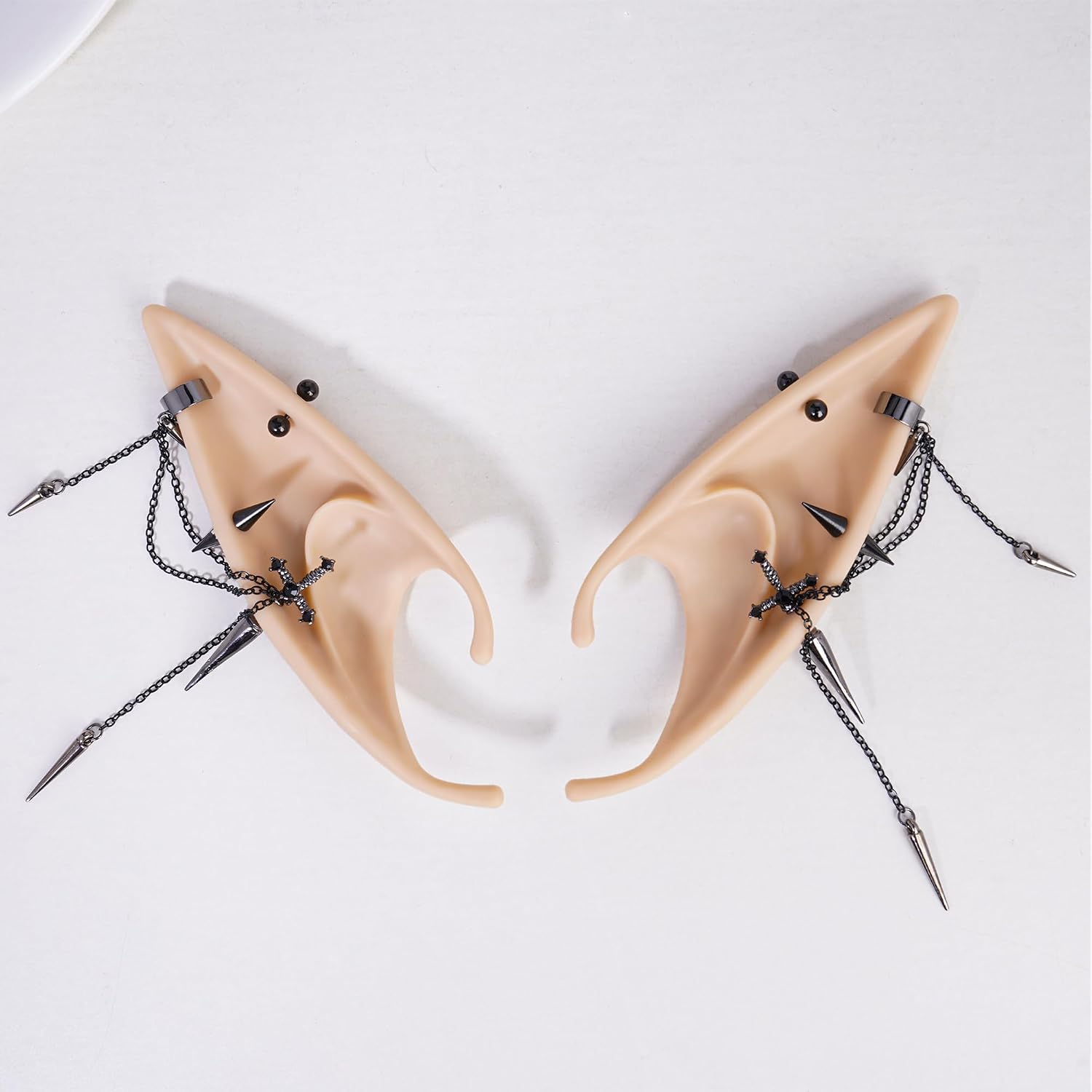FRESHME 2 Pairs of Fairy Elf Ears with Sliver Piercings - Gothic Elf Ear Cuffs Skull Rose Cross Studs Sterling Earrings