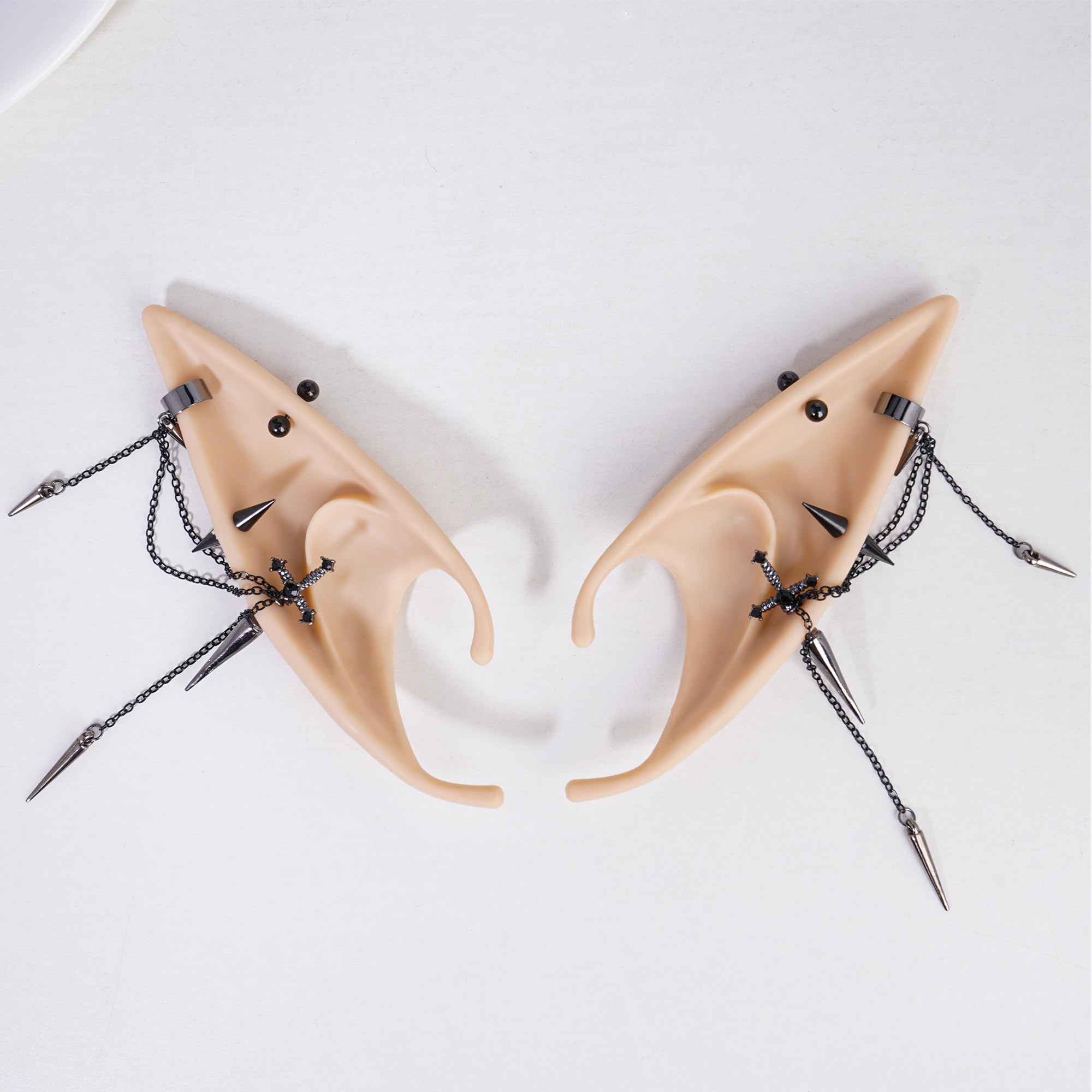 FRESHME 2 Pairs of Fairy Elf Ears with Sliver Piercings - Gothic Elf Ear Cuffs Skull Rose Cross Studs Sterling Earrings