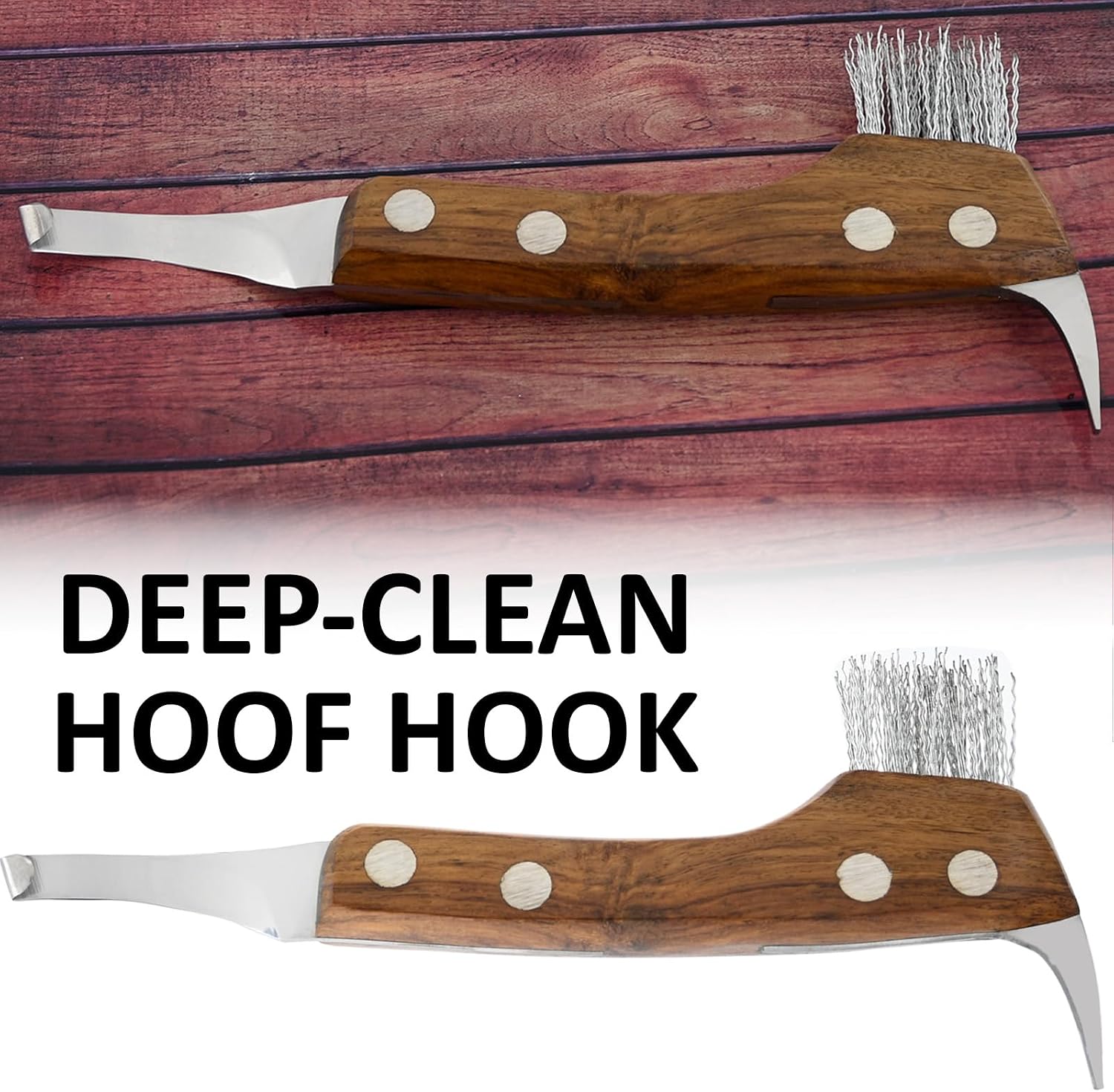 – 3-in-1 Hoof Knife, Hoof Brush & Pickup Tool (Wooden)