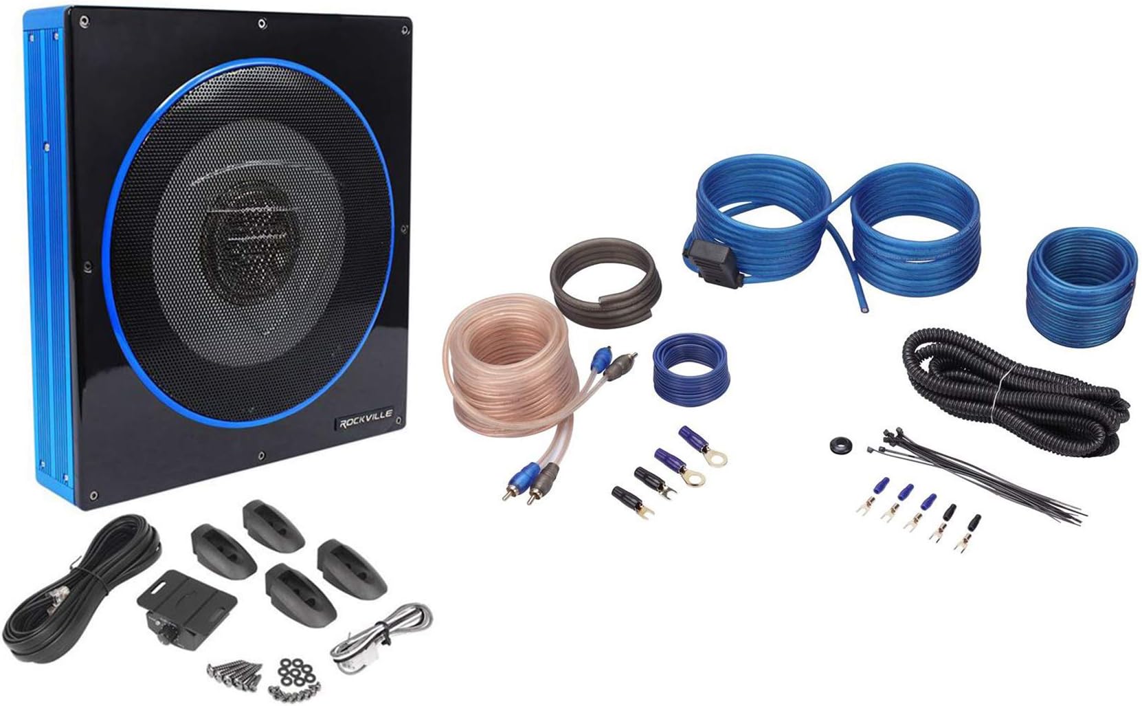 Rockville Car Audio Bundle: RW10CA 10" 800-Watt Slim Powered Under Seat Subwoofer, Low Profile Design, RWK10 10-Gauge Complete Amp Installation Kit, 2-Items